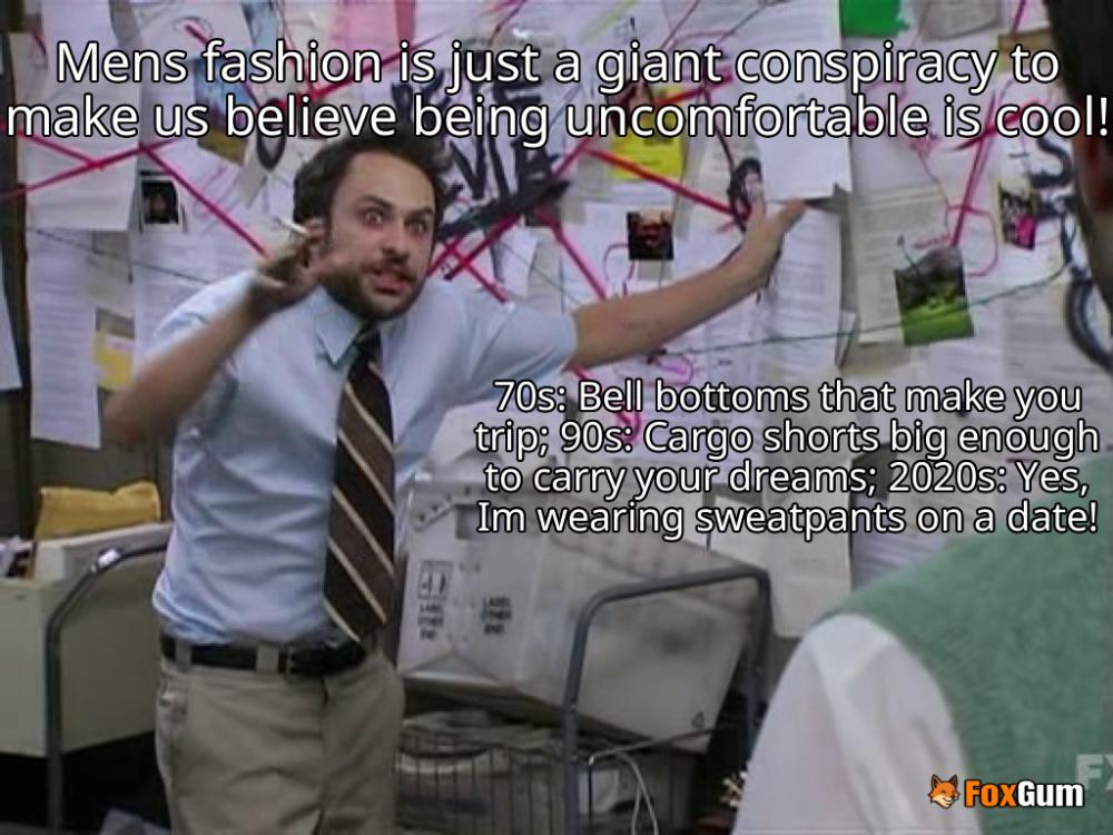 meme about men's fashion, style evolution, decades, masculinity
