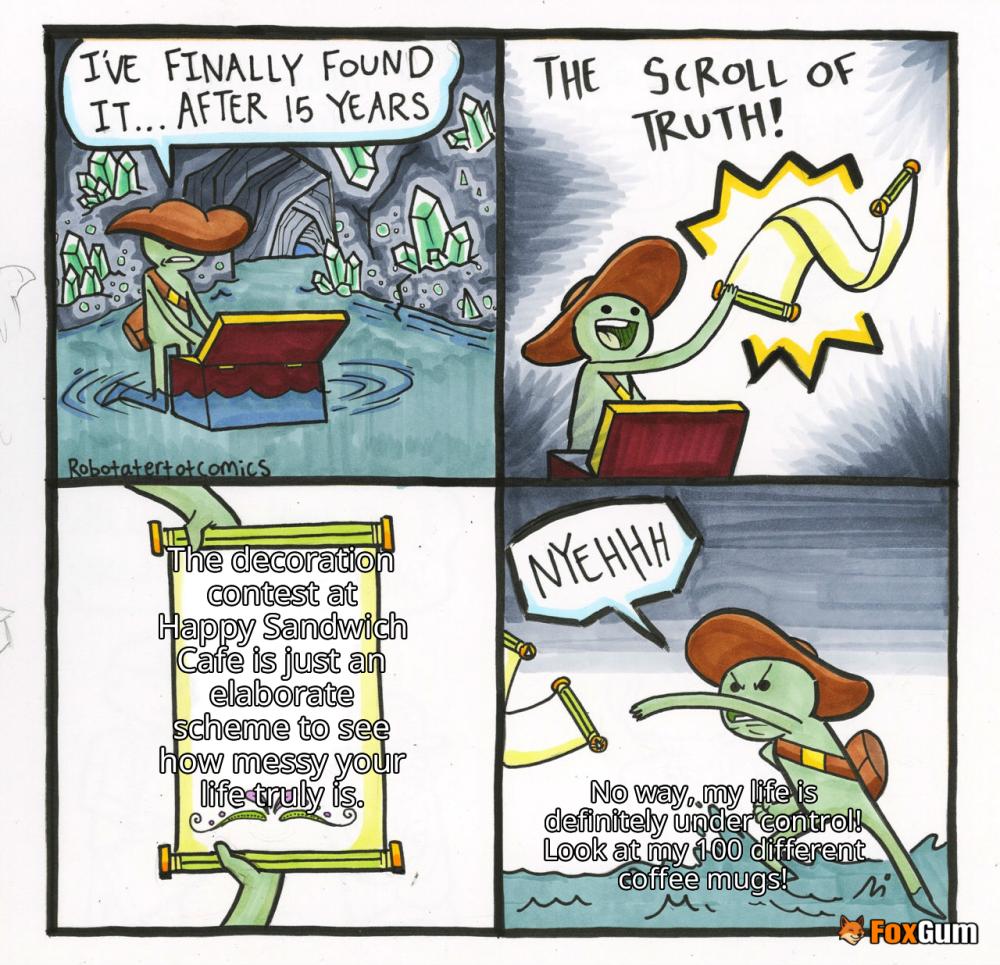 meme about gaming, design, Happy Sandwich Cafe, decoration contest
