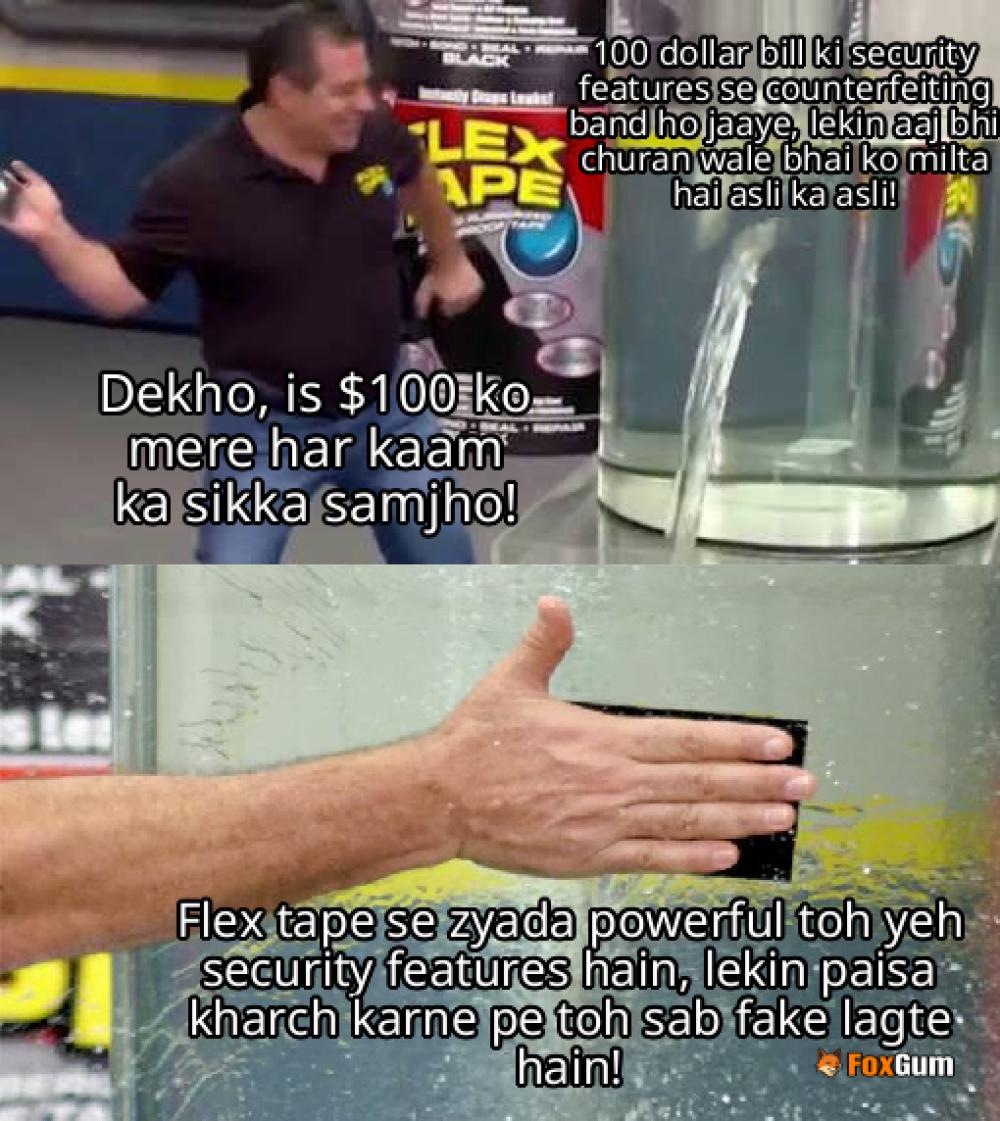meme about security features, $100 bill, counterfeiting, currency