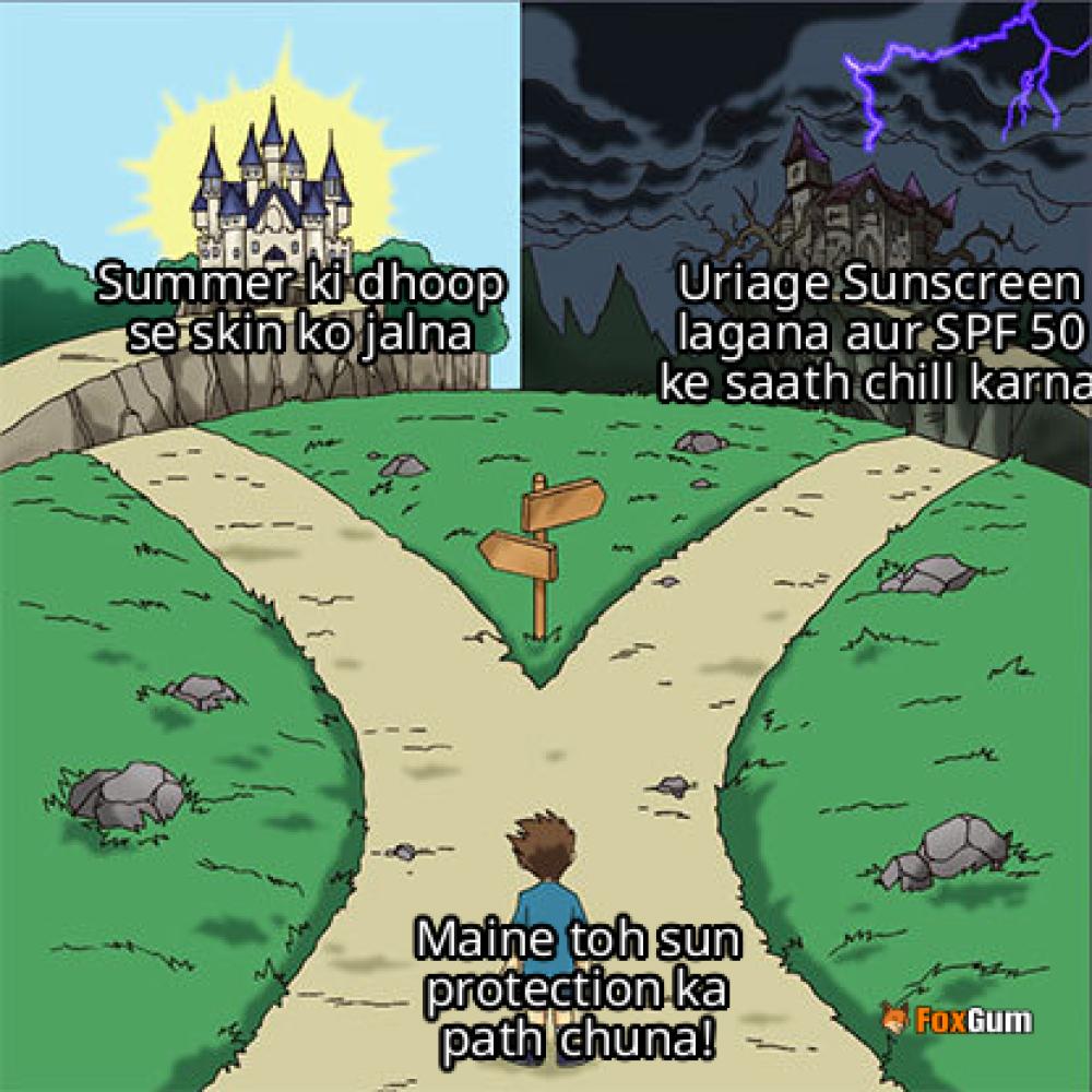 meme about skincare, sun protection, Uriage sunscreen, SPF 50