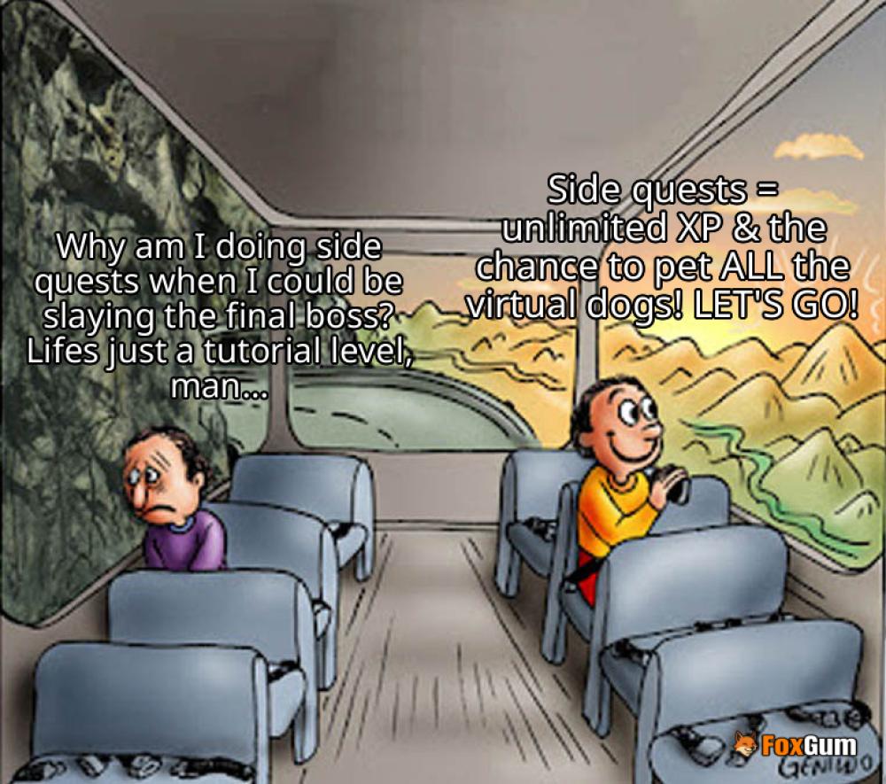 meme about gaming, books, side quest, RPGs
