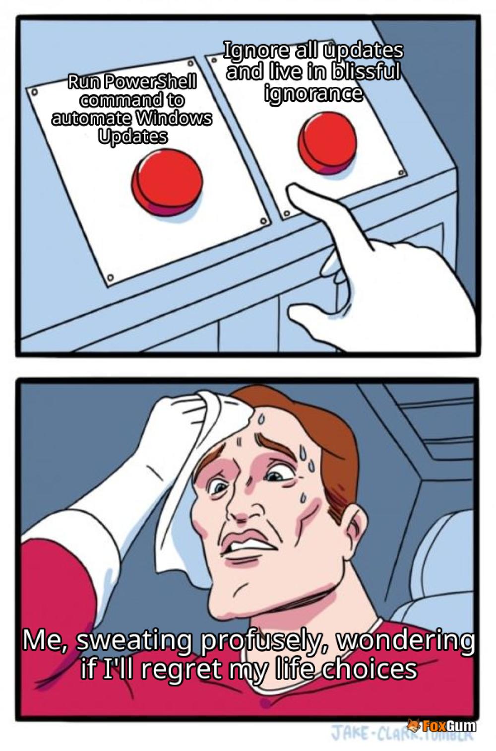 meme about commands, PowerShell, automation, Windows Updates