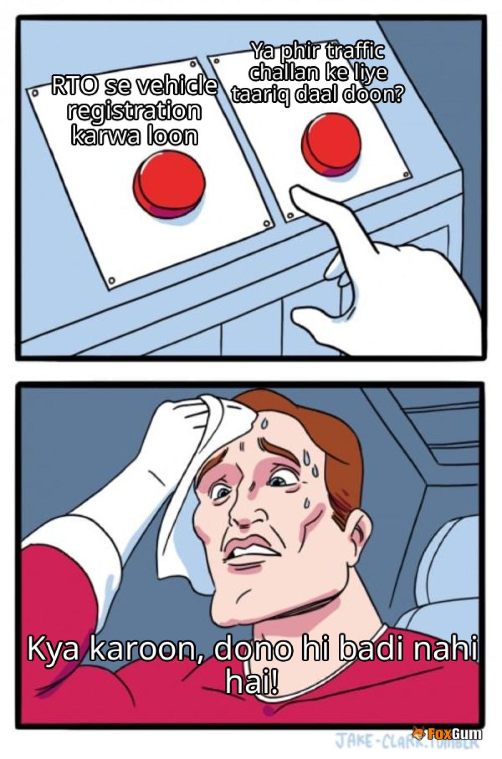 meme about RTO, vehicle registration, traffic challans, Parivahan